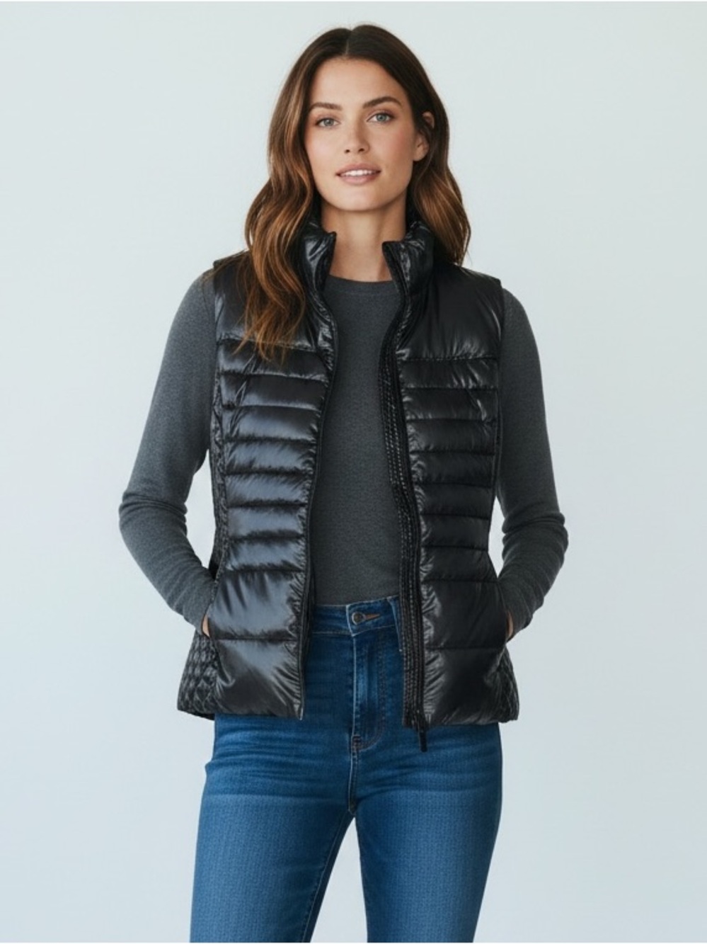 TALBOTS Women’s Puffer Vest Black Long Quilted Primaloft Insulated